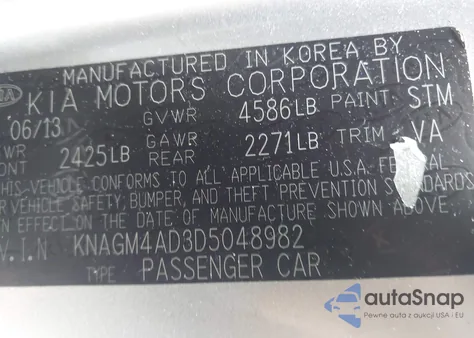 2013 Kia Optima Hybrid Lx z USA, uszkodzony, nr VIN KNAGM4AD3D5048982